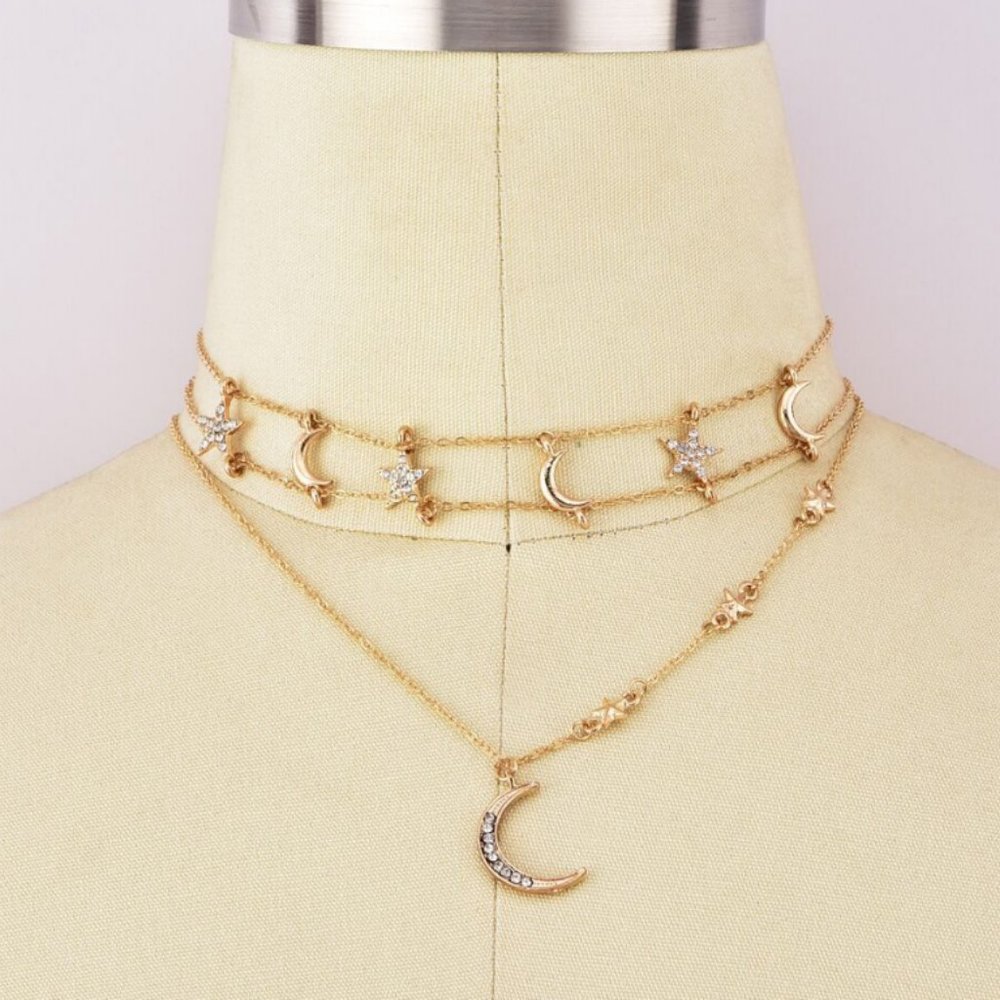 Gold Crescent Moon Star Choker Necklace - Picture 4 of 7